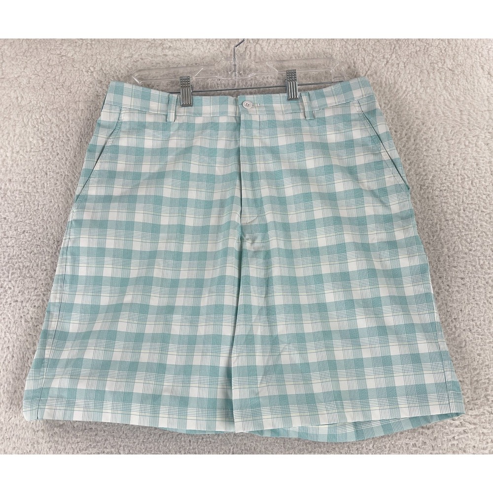 Nike Fit Dry Golf Shorts Mens Size 34 Green Check Print Flat Front Casual Summer